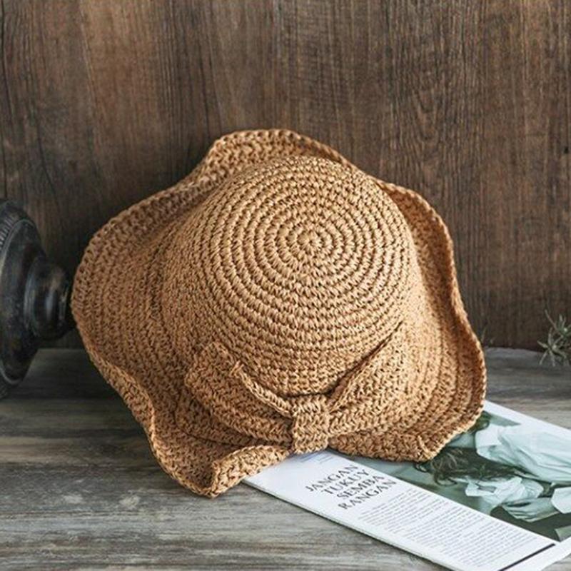 Cha Mẹ-Con 100% Raffia Nơ Hat Rộng Vành Đĩa Mềm Nón Mùa Hè Cho Nữ Đi Biển Panama Ống Hút Dome Xô nón Lưỡi Trai Femme Bóng Nón