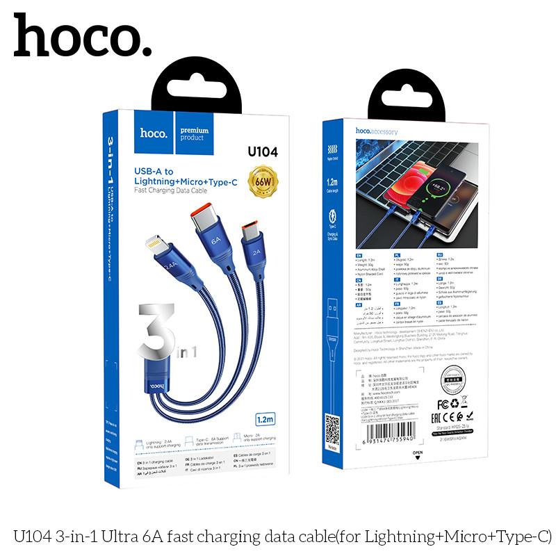 Cáp sạc nhanh 3 đầu 6A 66W bọc dù Hoco U104 1m2, dây sạc lõi hợp kim nhôm hàng chính hãng