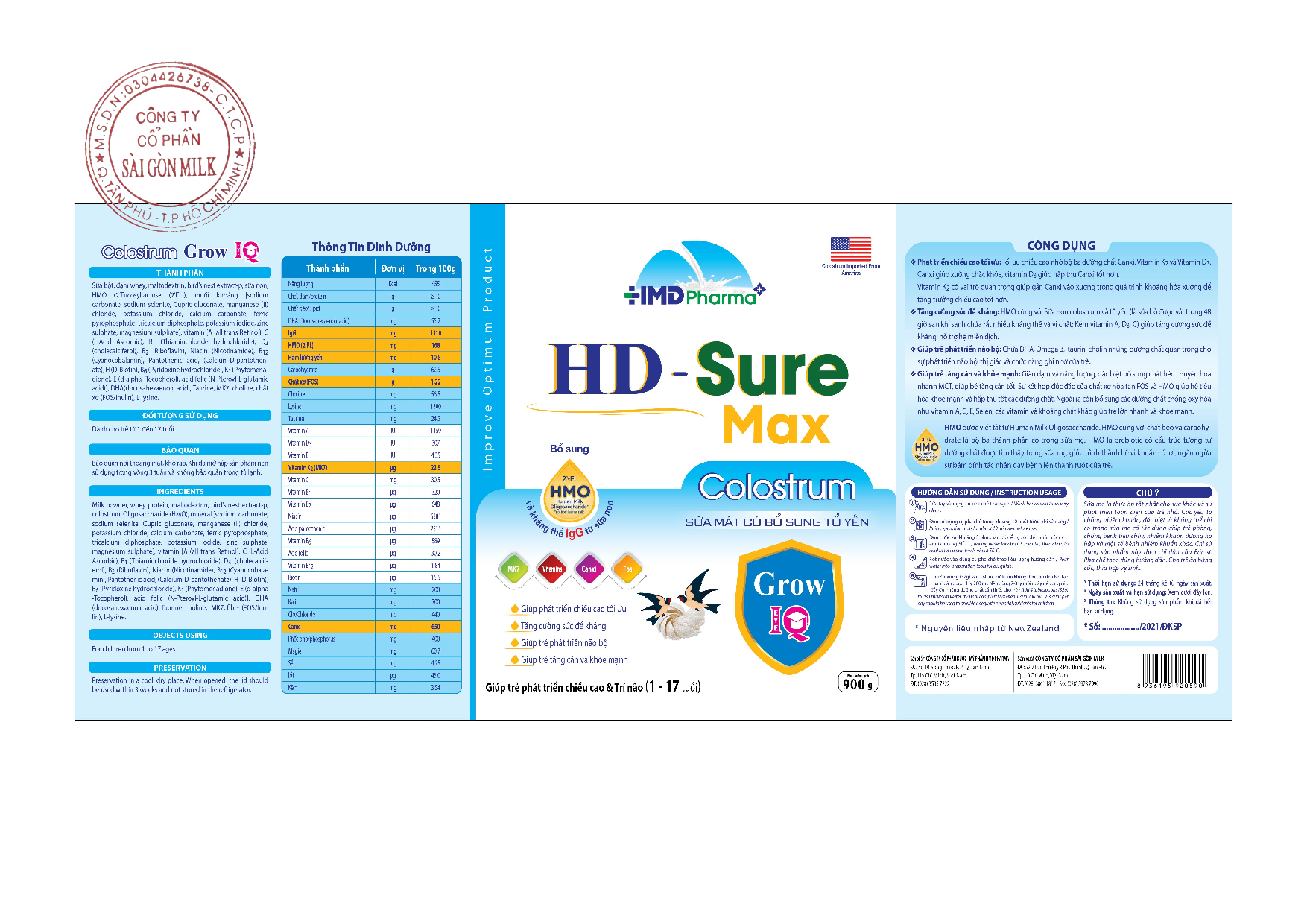 Sữa bột HD Sure Max Colostrum Grow IQ hỗ trợ phát triển chiều cao và trí não cho bé - lon 900 gram