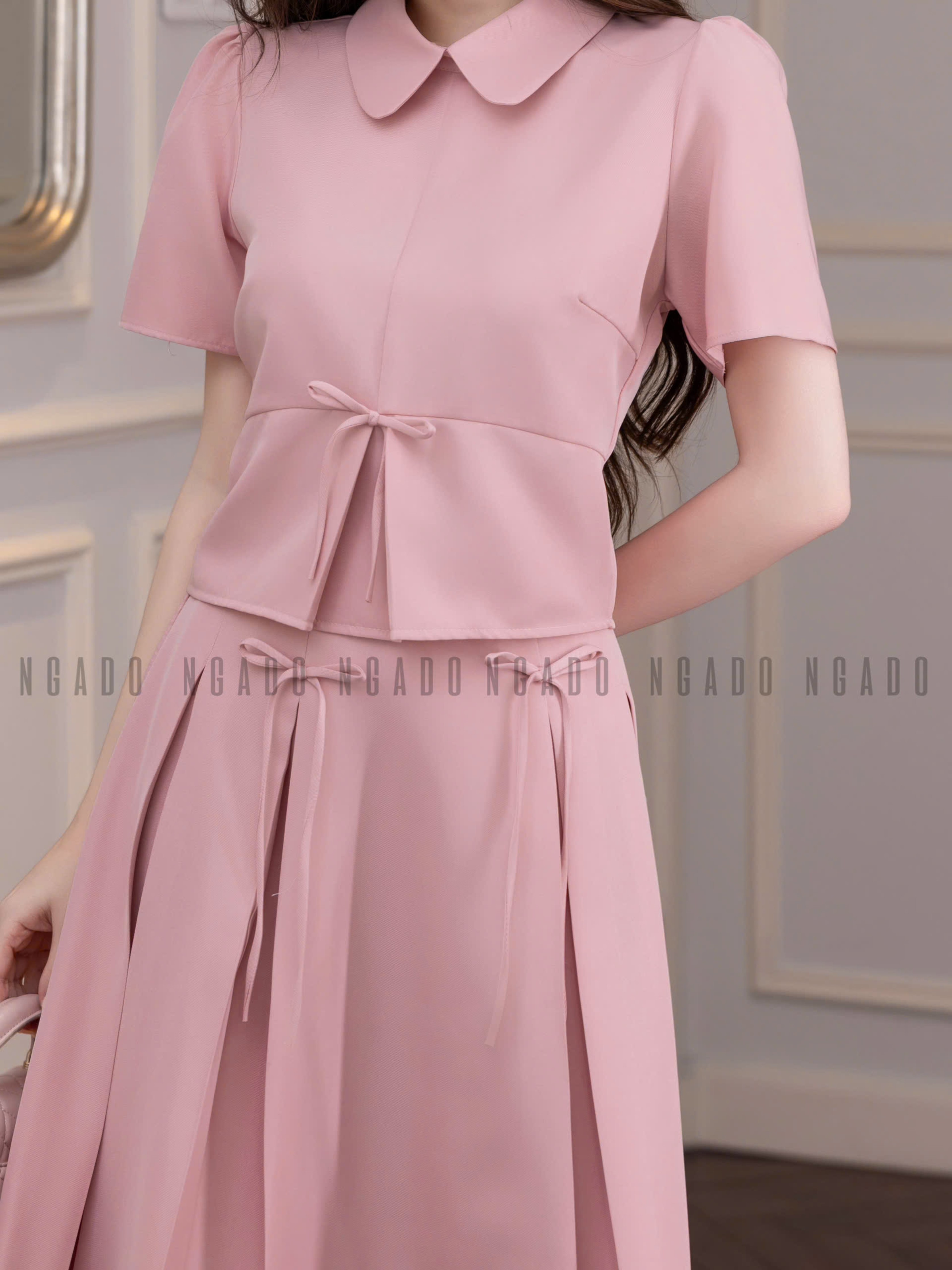 Set áo váy hồng cổ sen NGADO , set áo váy dài, set công sở, dự tiệc