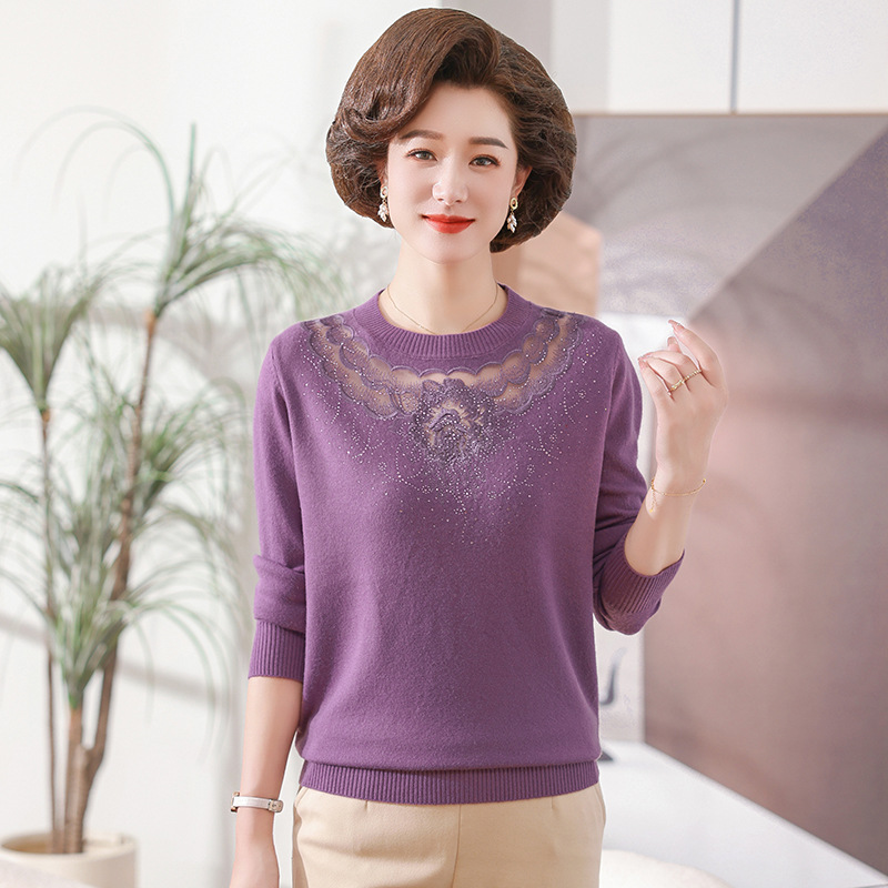 Áo Len Cổ Tròn Phối Ren Thời Trang Mùa Thu Của Mẹ AL85 - Hàng Quảng Châu Cao Cấp
