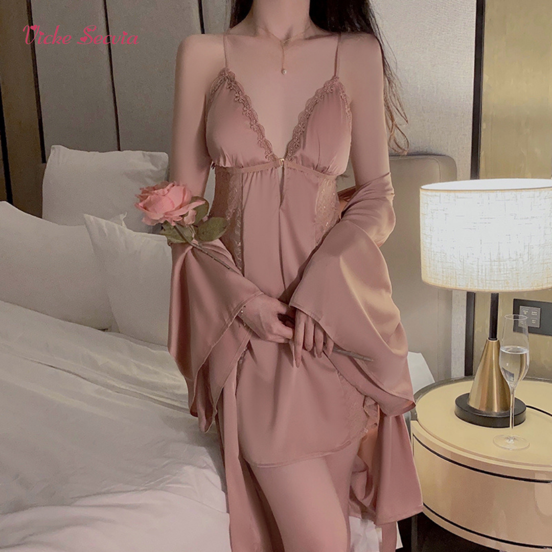 Đầm váy ngủ kèm áo choàng chất lụa phối ren cao cấp VICKE SECVIA sẵn mút ngực - phong cách sexy - quyến rũ 1690