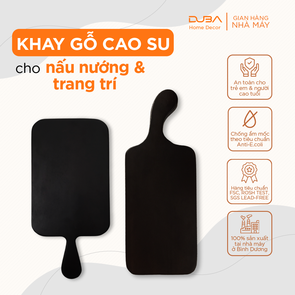 Khay gỗ cao su, thớt gỗ trang trí hình chữ nhật có tay cầm màu óc chó đạt chuẩn xuất khẩu - DUBA