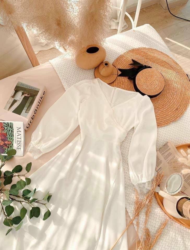 ĐẦM XÒE CHÉO NGỰC VIỀN REN KẾT HẠT EO 73667758