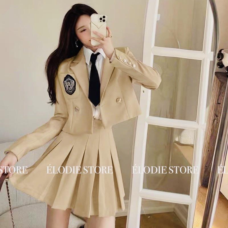(Clip thật)Set 2 món áo khoác vest kèm chân váy xếp ly học sinh
