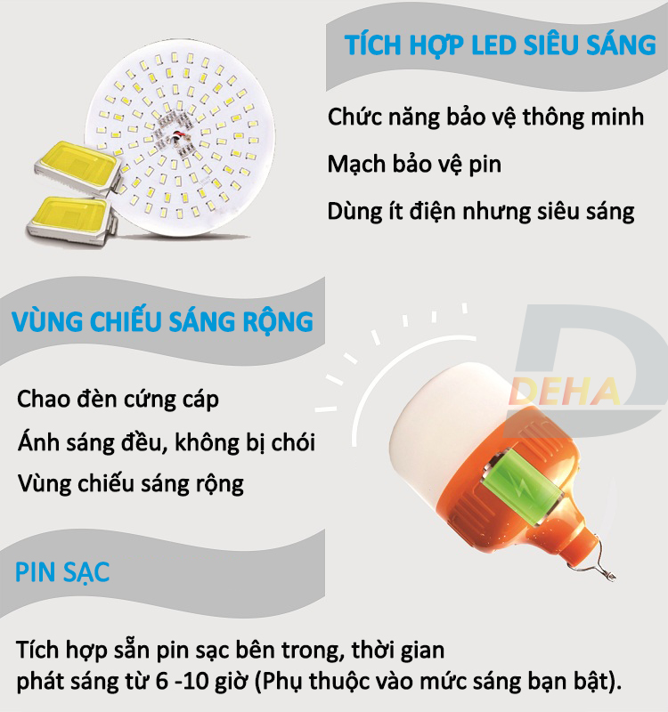 Bóng đèn Led sạc tích điện có móc treo, pin sạc dung lượng lớn, không cần dây điện, bulb chống nước, chiếu sáng du lịch, cắm trại camping, quầy hàng, câu cá, sửa xe - Đèn sạc không dây