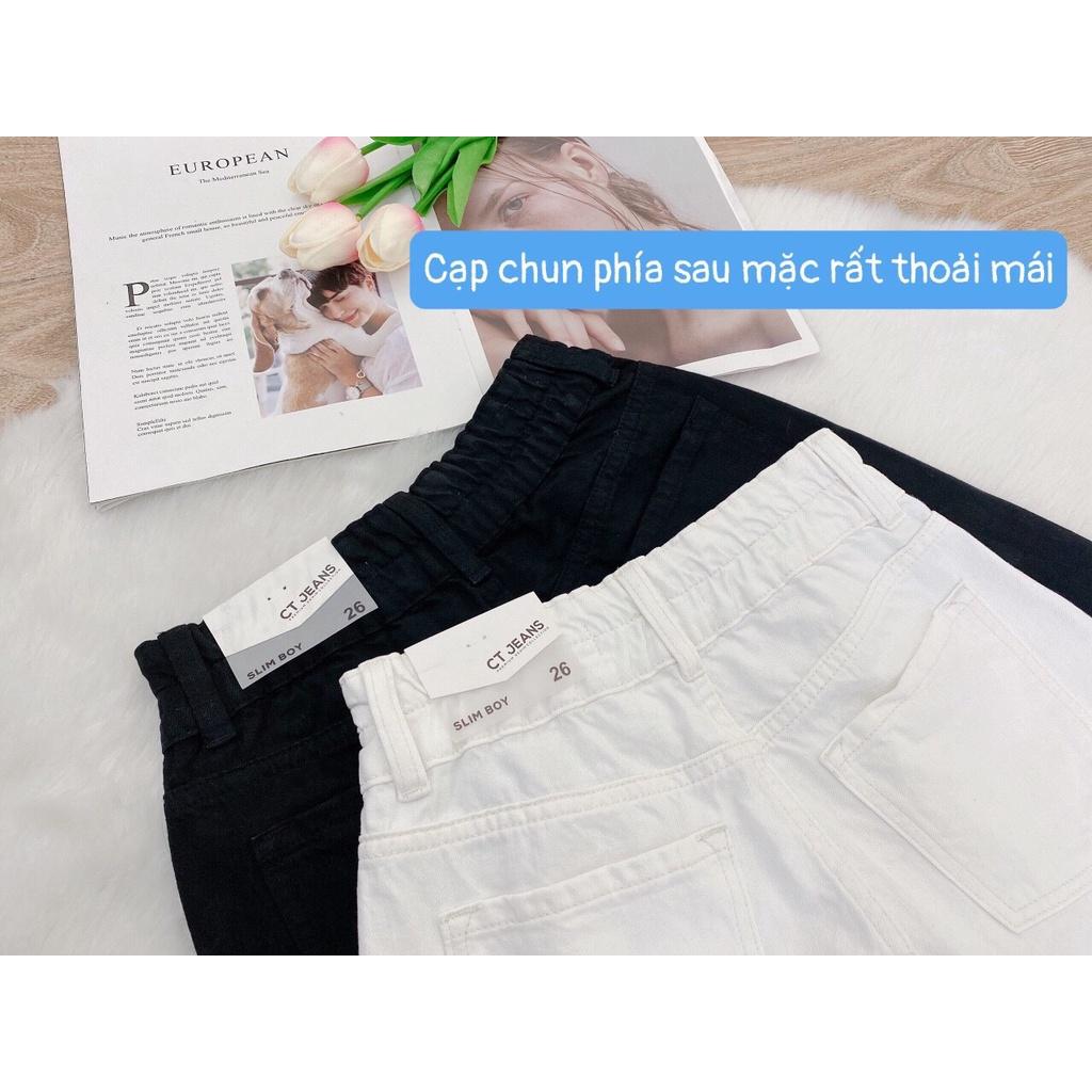 Quần Jean Nữ Baggy Thụng Đen Trắng Lưng Cao, Quần Boy Thụng Đen Trắng Bán Chun 2 Cúc Gấu Thường CT Jeans