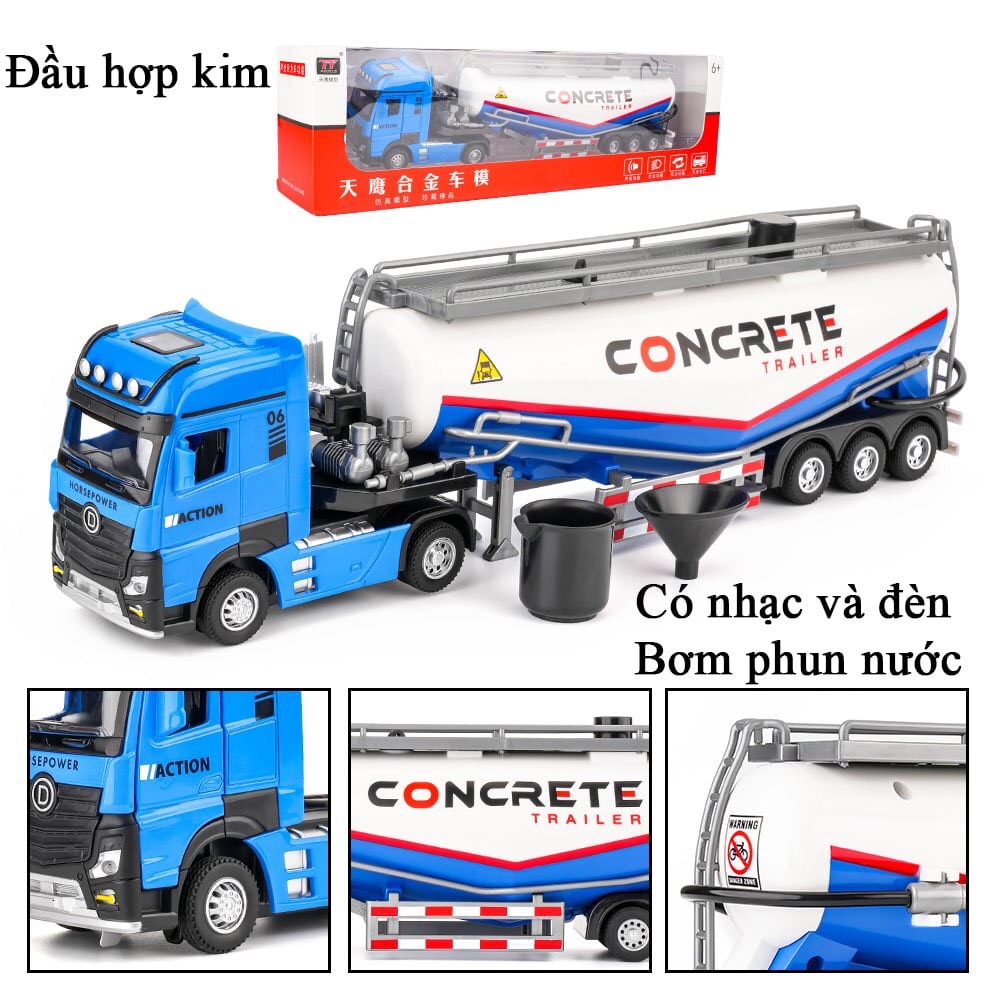 Mô hình đồ chơi xe bơm bê tông đầu bằng hợp kim phun được nước có nhạc và đèn dài 34 cm