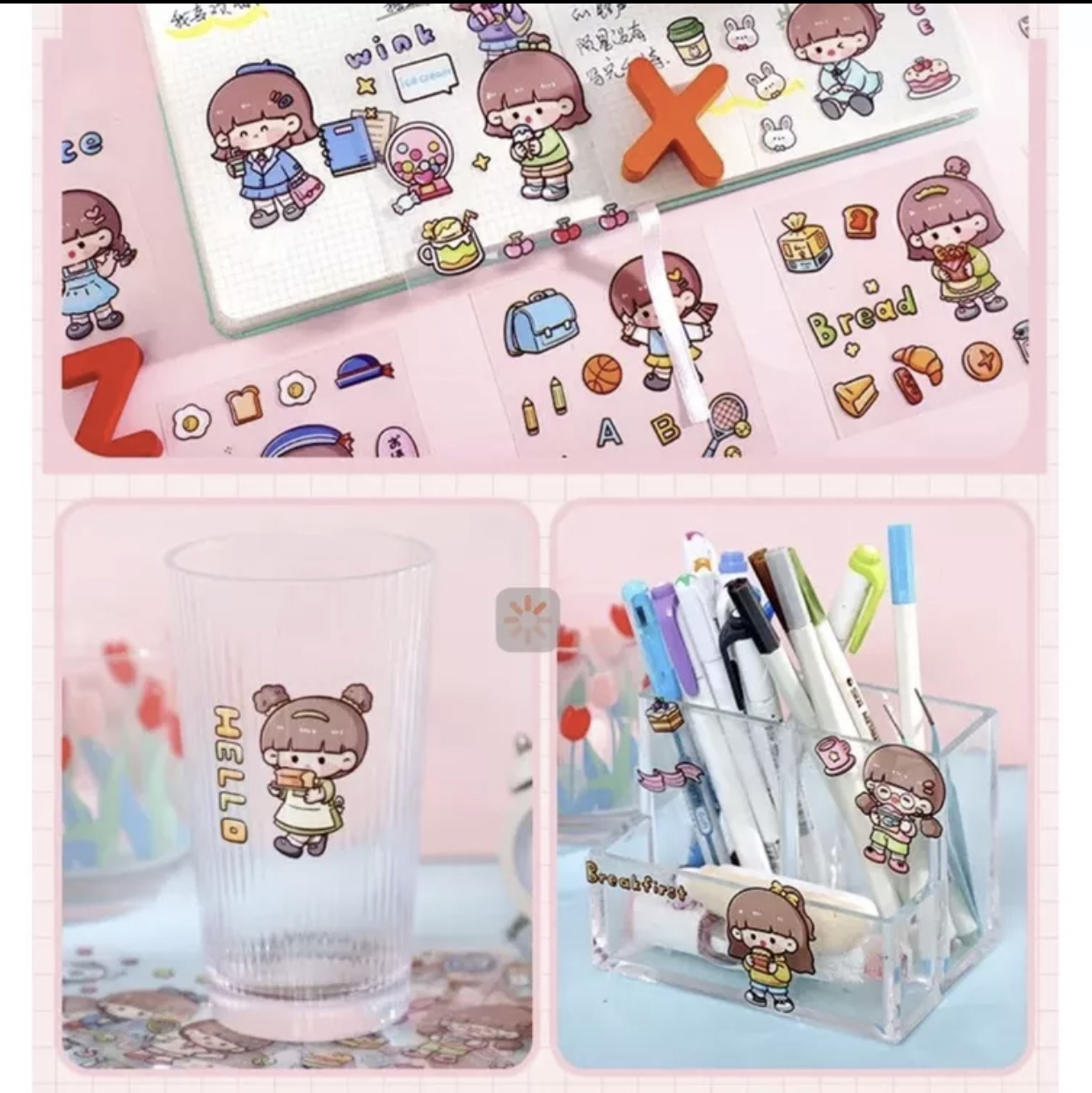 Sticker hộp 200 tấm hình dán dễ thương màu hồng Noemie
