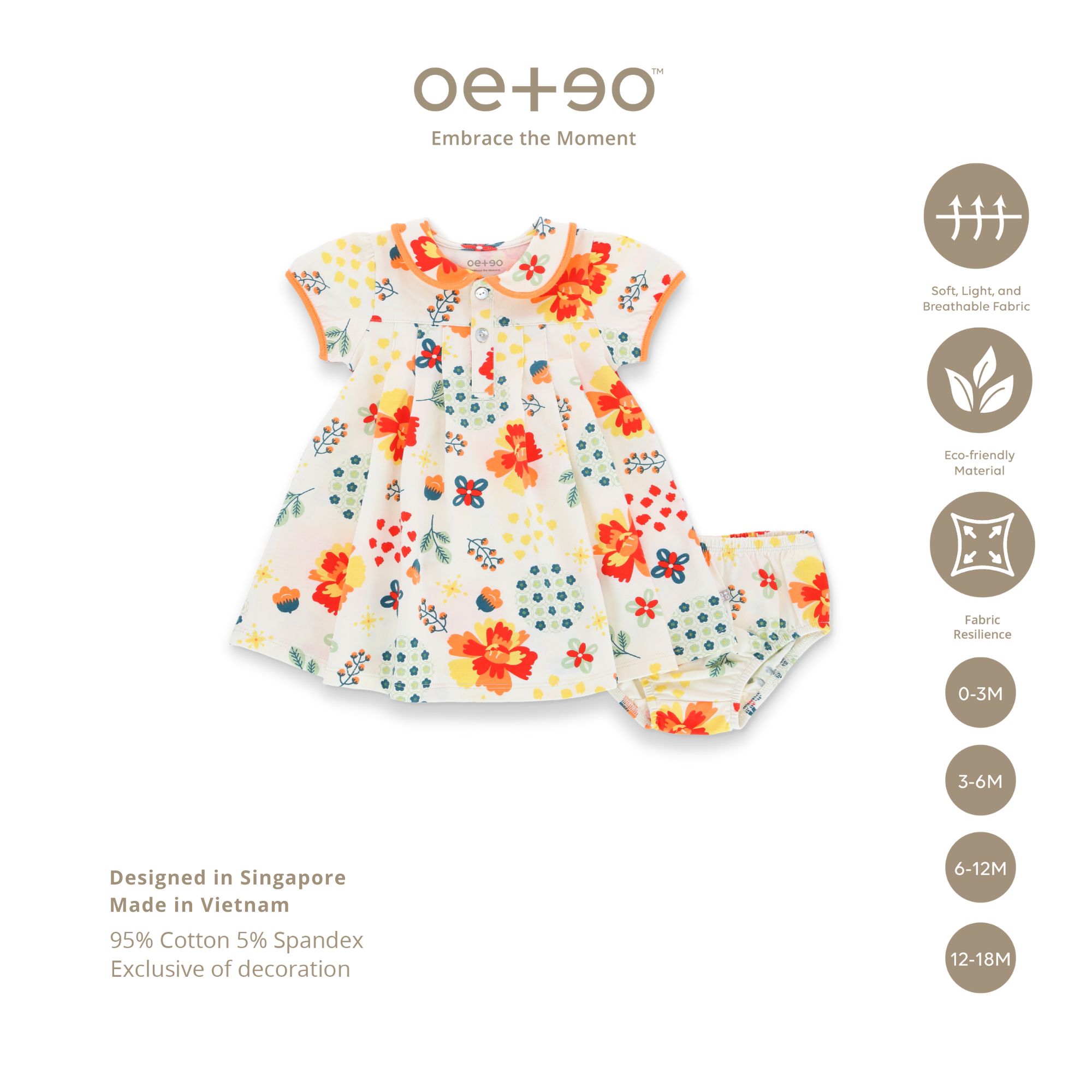 Váy xòe cổ bèo cho bé gái từ 0 - 18 tháng vải cotton họa tiết Tết Á Đông TDRS1-1648 | OETEO Abundance of Blooms