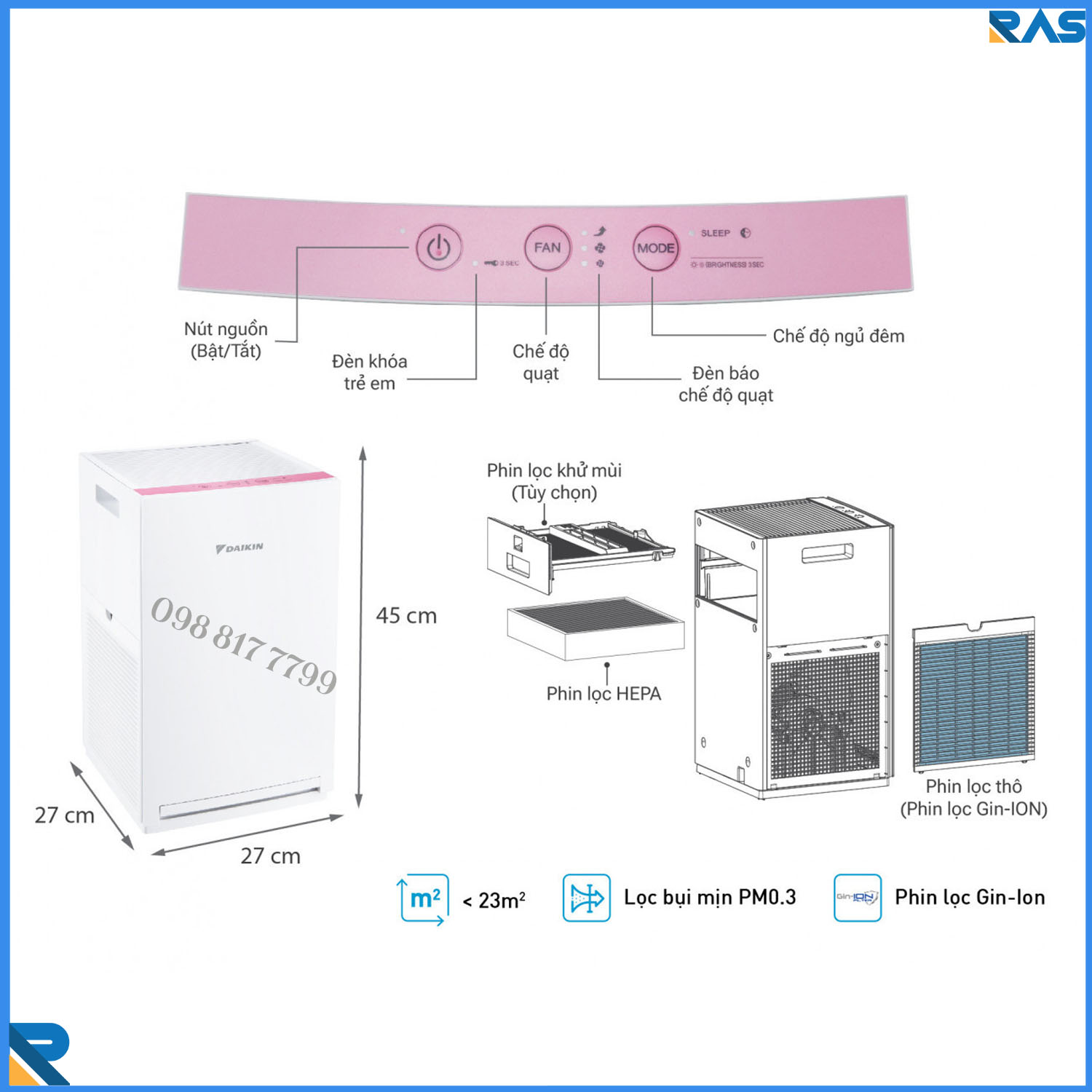 Máy lọc không khí Daikin MCQ30ZVM7 Ba Màu Lọc khí sạch với phin lọc Gin-Ion dành cho phòng 23m2 - Hàng Chính Hãng