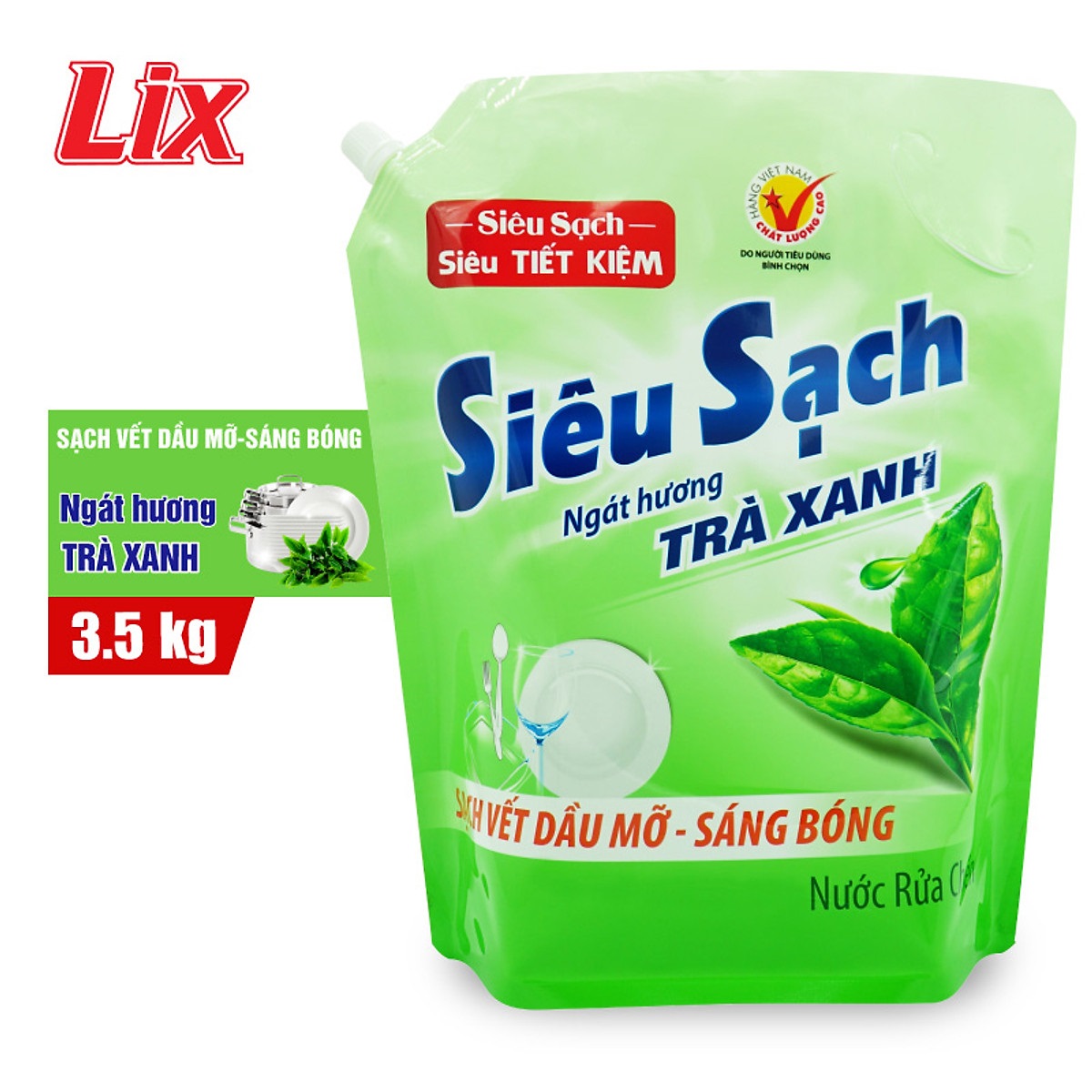 Nước rửa chén LIX 3.5KG siêu sạch hương trà xanh loại túi N8101 sạch bóng vết bẩn dầu mỡ không hại da tay