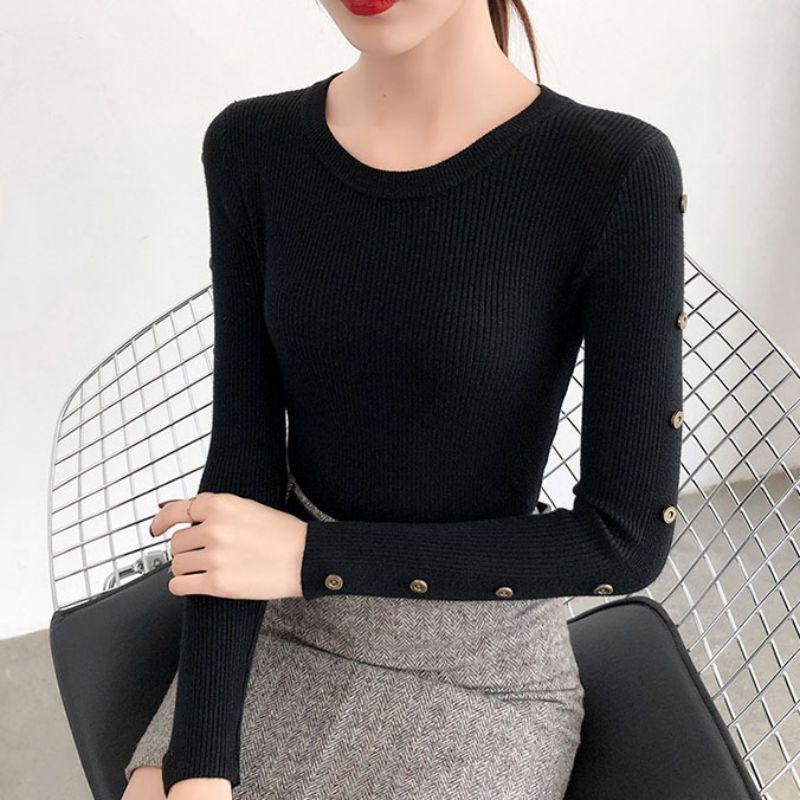 Áo dệt kim tay dài phối nút màu trơn thiết kế thanh lịch