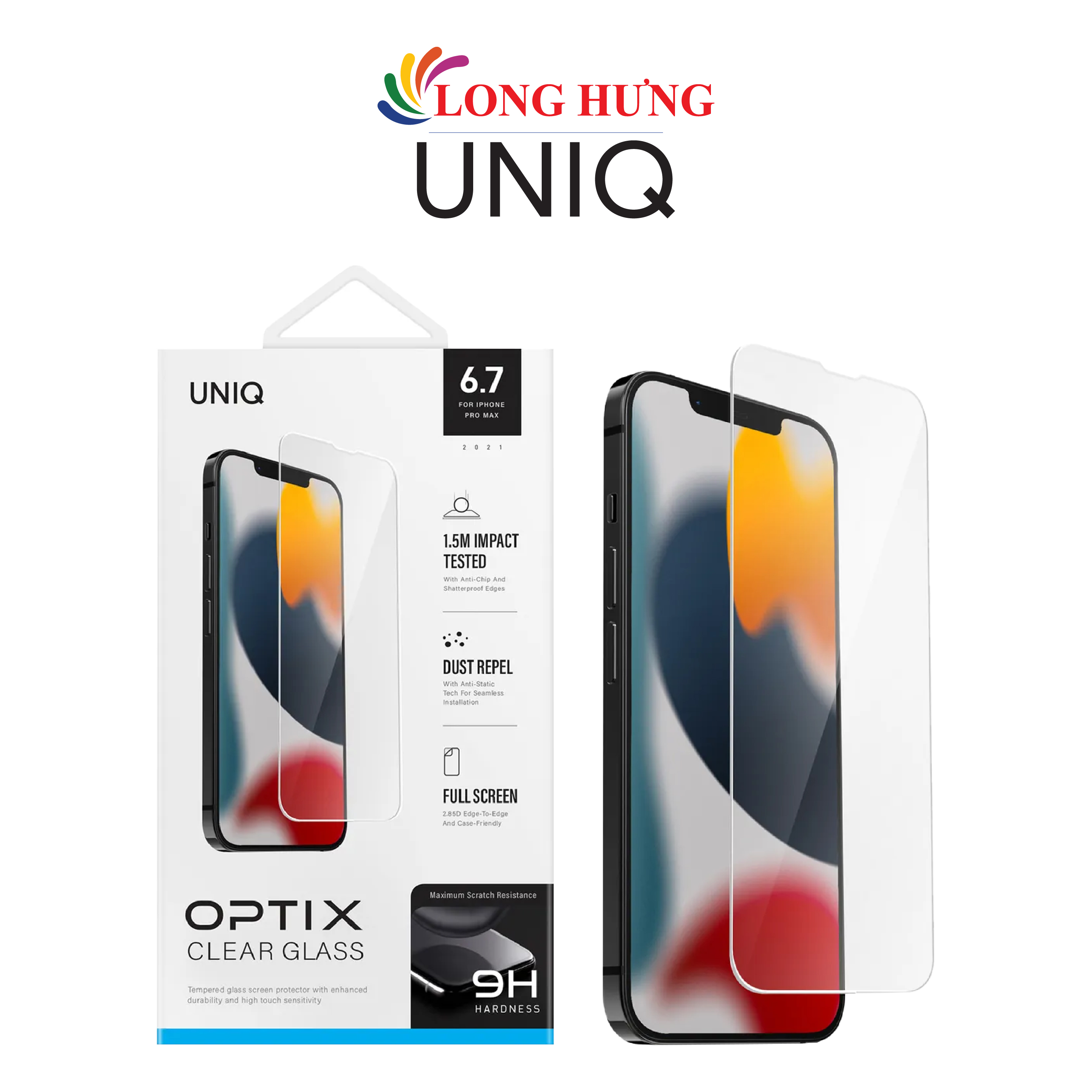 Dán màn hình cường lực Full viền chống bụi tĩnh điện Uniq Optix Clear Glass iP 13 Series - Hàng chính hãng