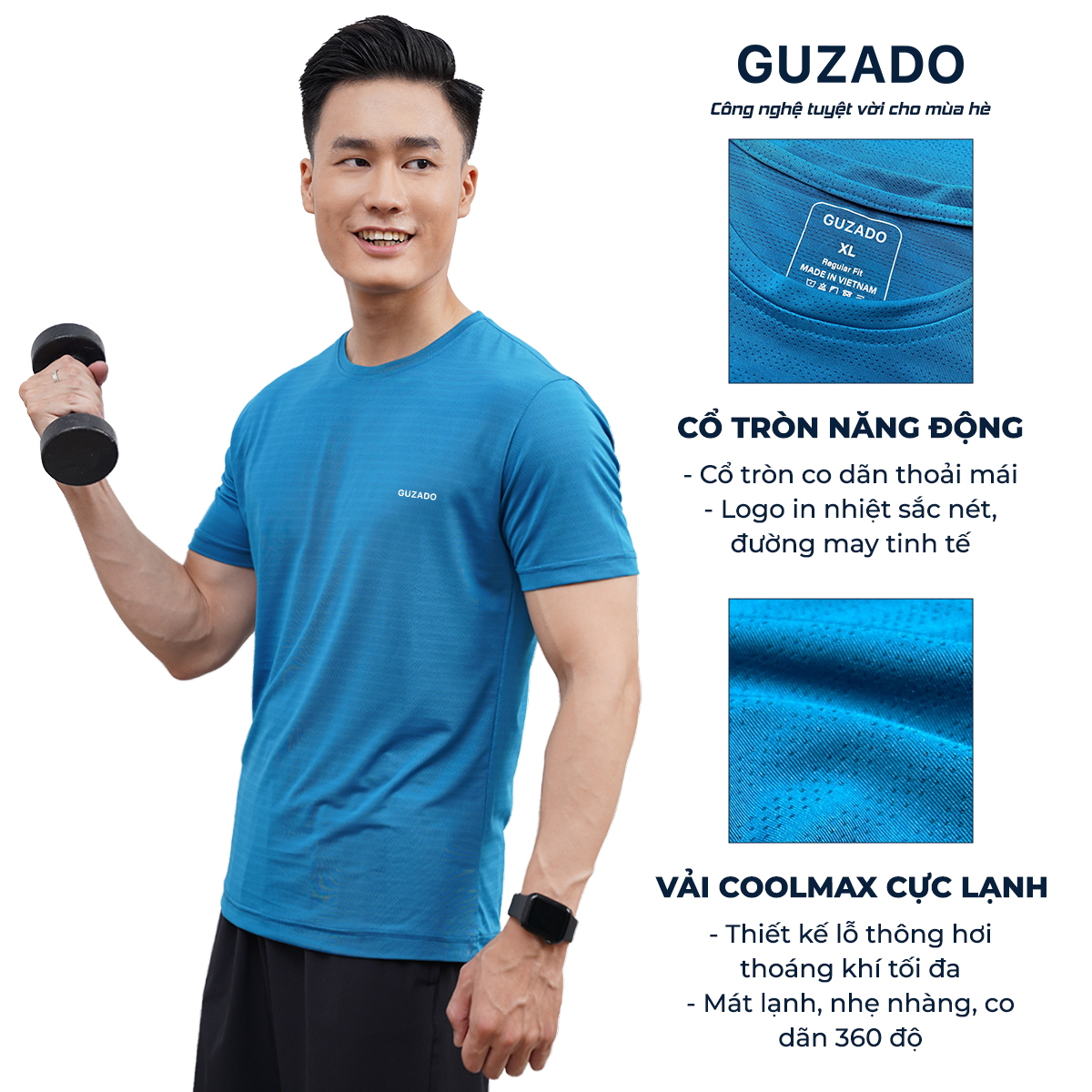 Bộ quần áo thể thao nam cổ tròn Guzado Chất Coolmax thể thao vận động thoải mái BCT2202