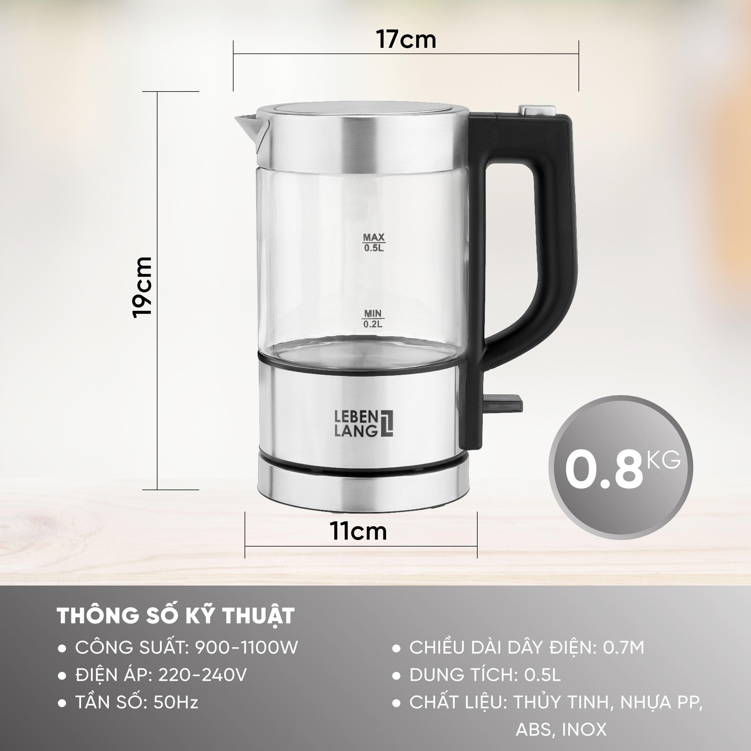 Ấm siêu tốc mini Lebenlang LBL2809, bình đun công suất 1100W, dung tích 500ml, sôi nhanh, nhỏ gọn, tiện lợi, bảo hành 2 năm - hàng chính hãng