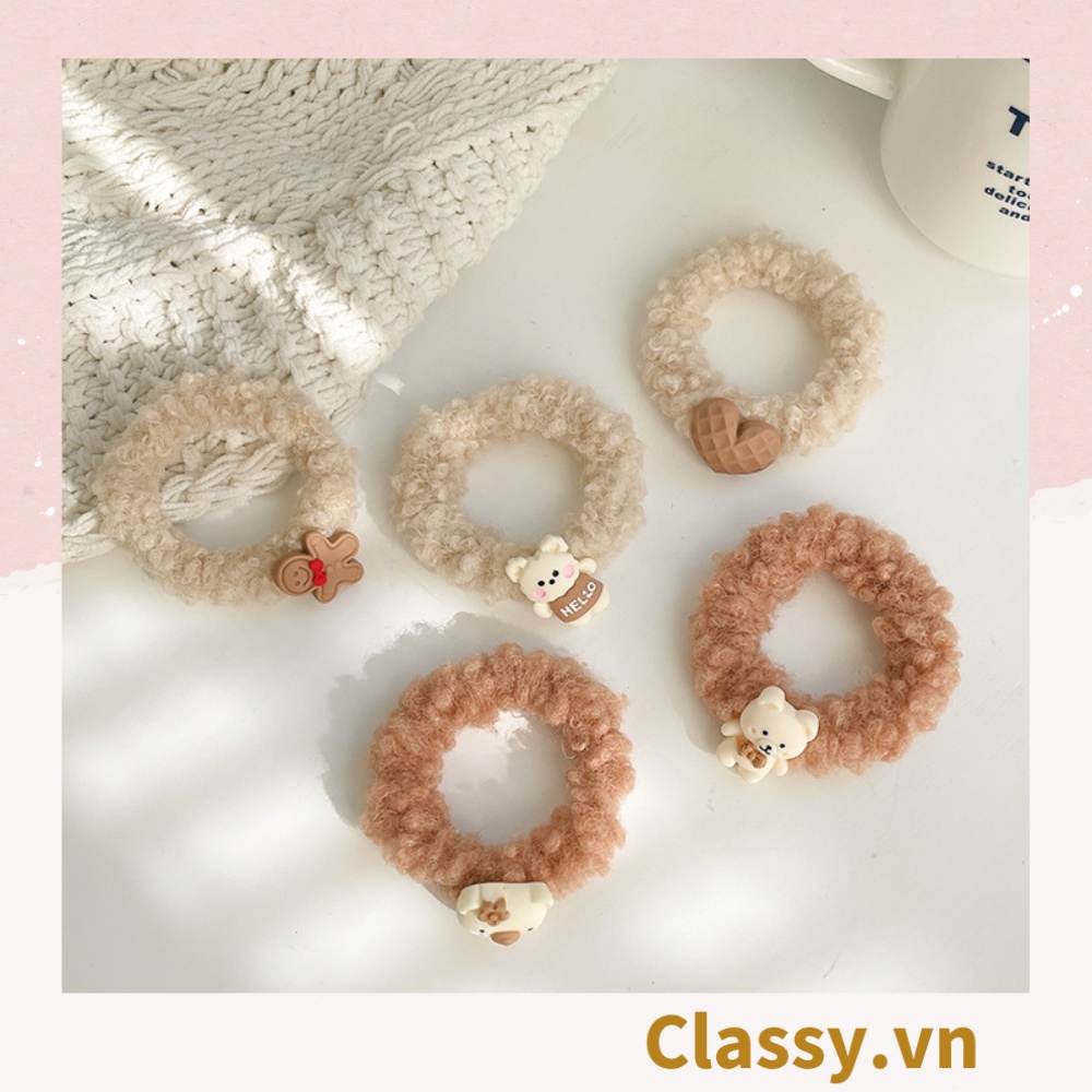 Dây cột tóc Classy gắn họa tiết hoạt hình 3D cute trơn màu chất liệu lông bền chắc PK743