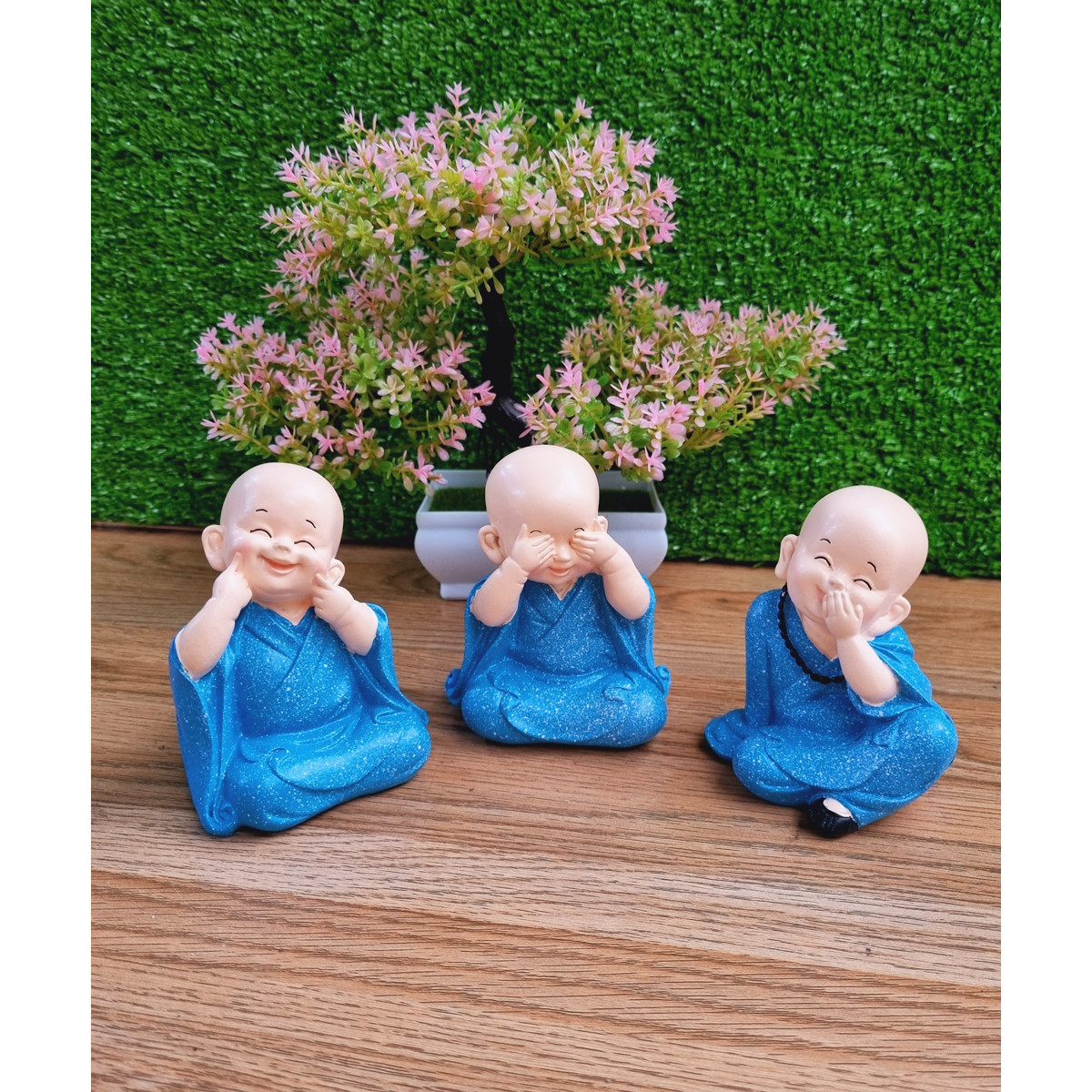 Bộ 03 tượng chú tiểu Tam Không áo xanh dương 10cm - tặng kèm 50 xu vàng mini may mắn