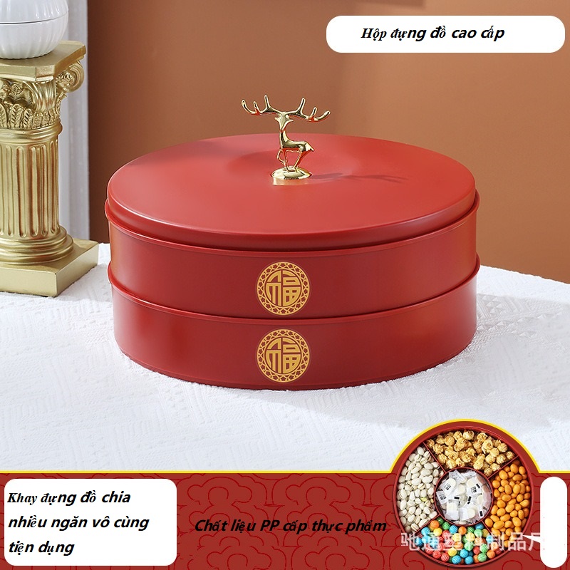 Khay Mứt Tròn Đỏ 2 Tầng Núm Hươu Con Xinh xắn , Hộp Đựng Bánh Kẹo Sang Trọng, Khay Đựng Đồ Cao Cấp Nhựa PP Cấp Thực Phẩm