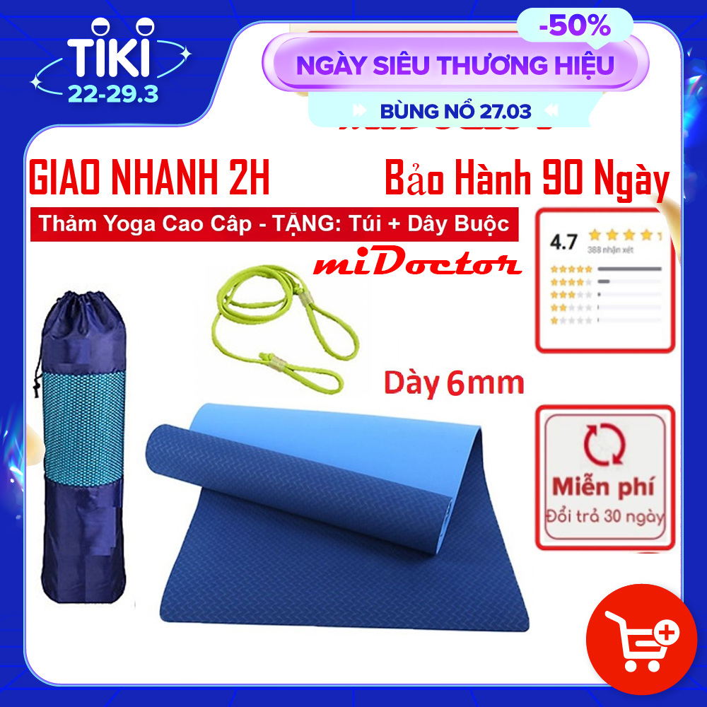 Thảm Tập YoGa TPE Dày 6mm Gym miDoctor + Bao Thảm Tập Yoga + Dây Thảm Tập Yoga (Túi, Dây Giao Màu Ngẫu Nhiên)