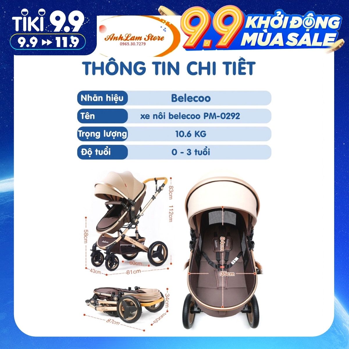 Xe đẩy kiêm nôi ru cho bé BELECOO 2 chiều hàng chính hãng