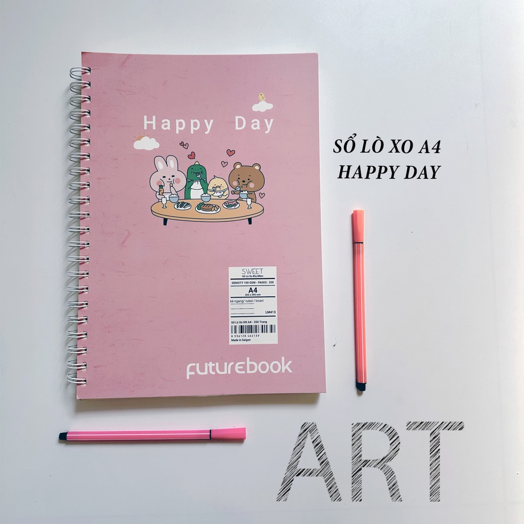 Sổ Lò Xo HAPPY DAY- Dòng Kẻ Ngang - Khổ A4- Mã SP: LM413 - Phong cách Hàn Quốc- VPP FUTUREBOOK.