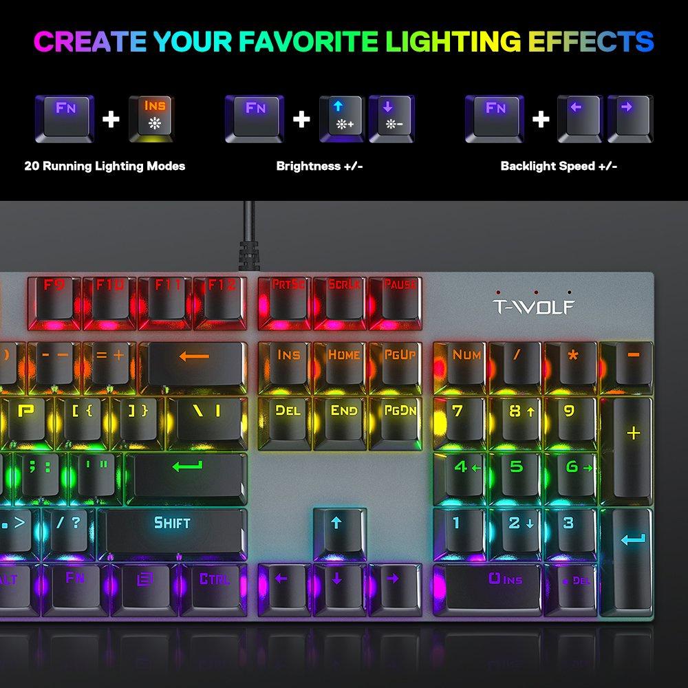 KEYBOARD T-Wolf T17 Phím cơ (Phím cơ, 104 key, Blue Switch, 12 chế độ Led)- BẢO HÀNH 12 THÁNG