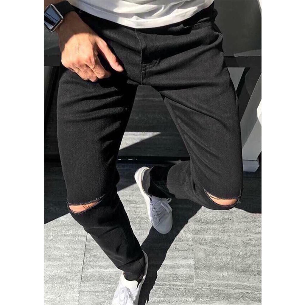 Quần Jean Nam Rách Gối Màu Đen Trơn