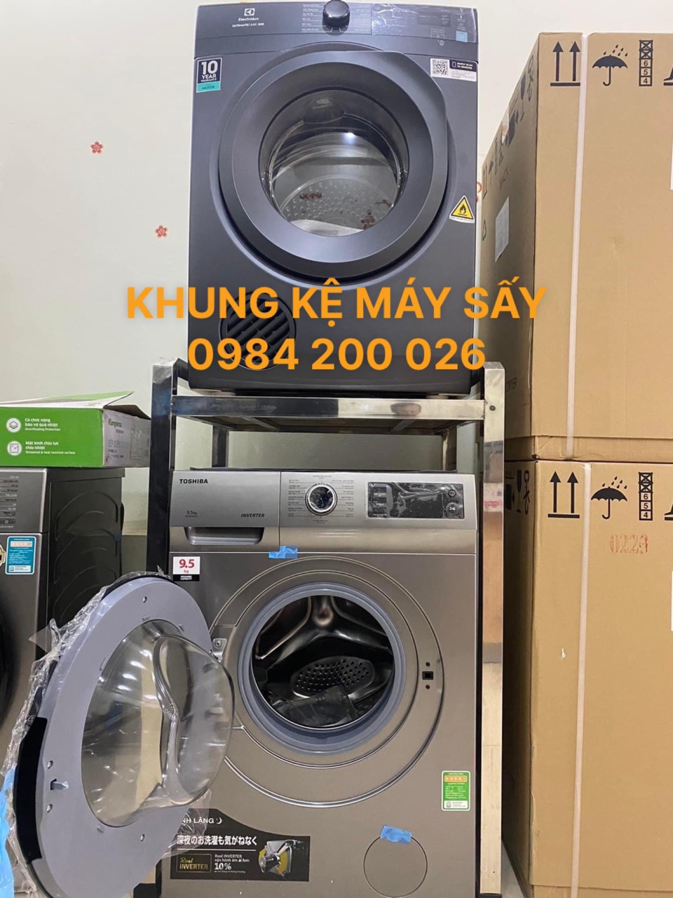 Kệ để máy sấy - máy giặt INOX hộp 40.40 chịu tải 300KG / chống rung tốt, đa năng tiện dụng, bề mặt gỗ tự nhiên chống nước