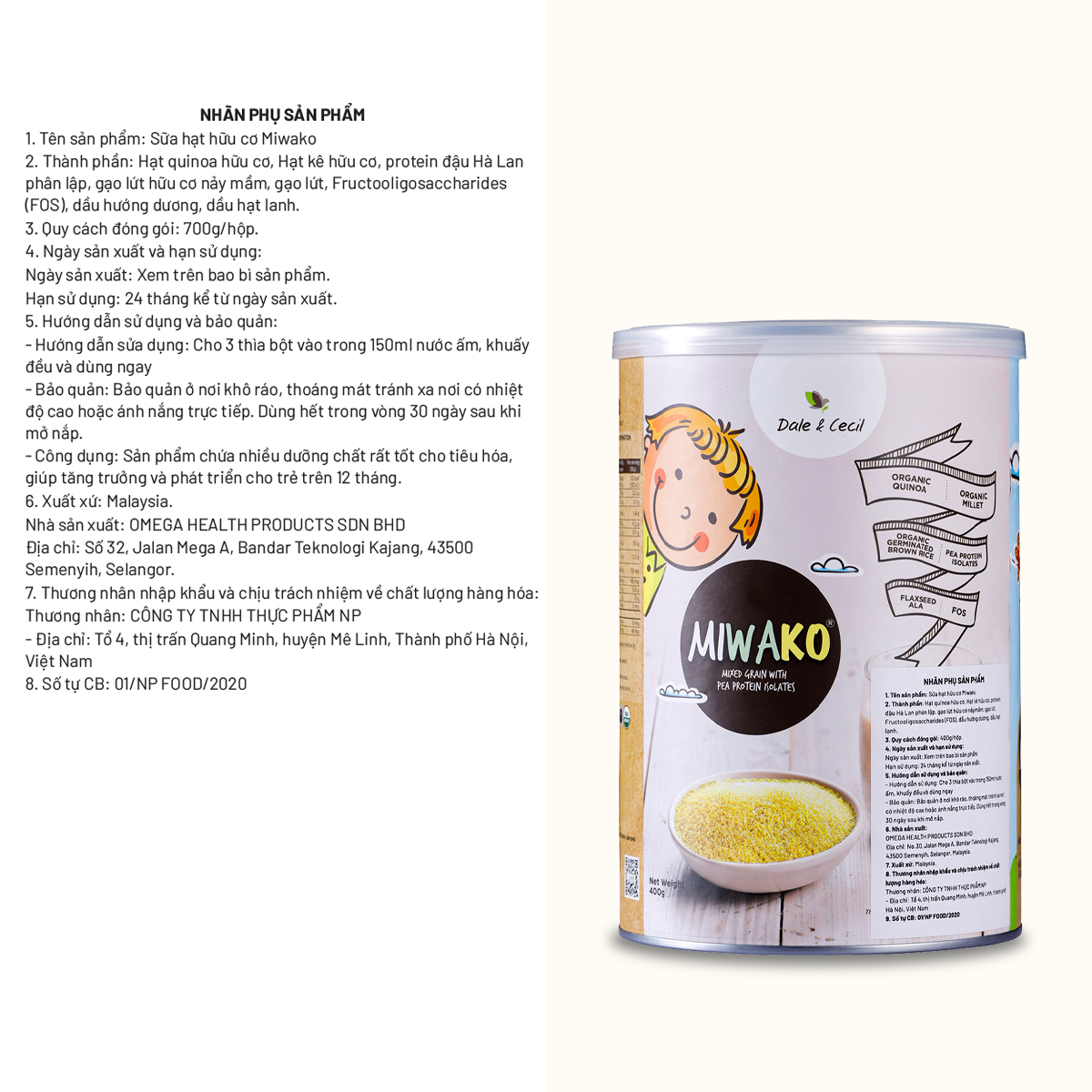 Sữa Hữu Cơ Miwako Nhập Khẩu Malaysia Hộp 400g Vị Gạo, Sữa Hạt Dinh Dưỡng Cho Bé Biếng Ăn Tiêu Hóa Kém Thấp Còi