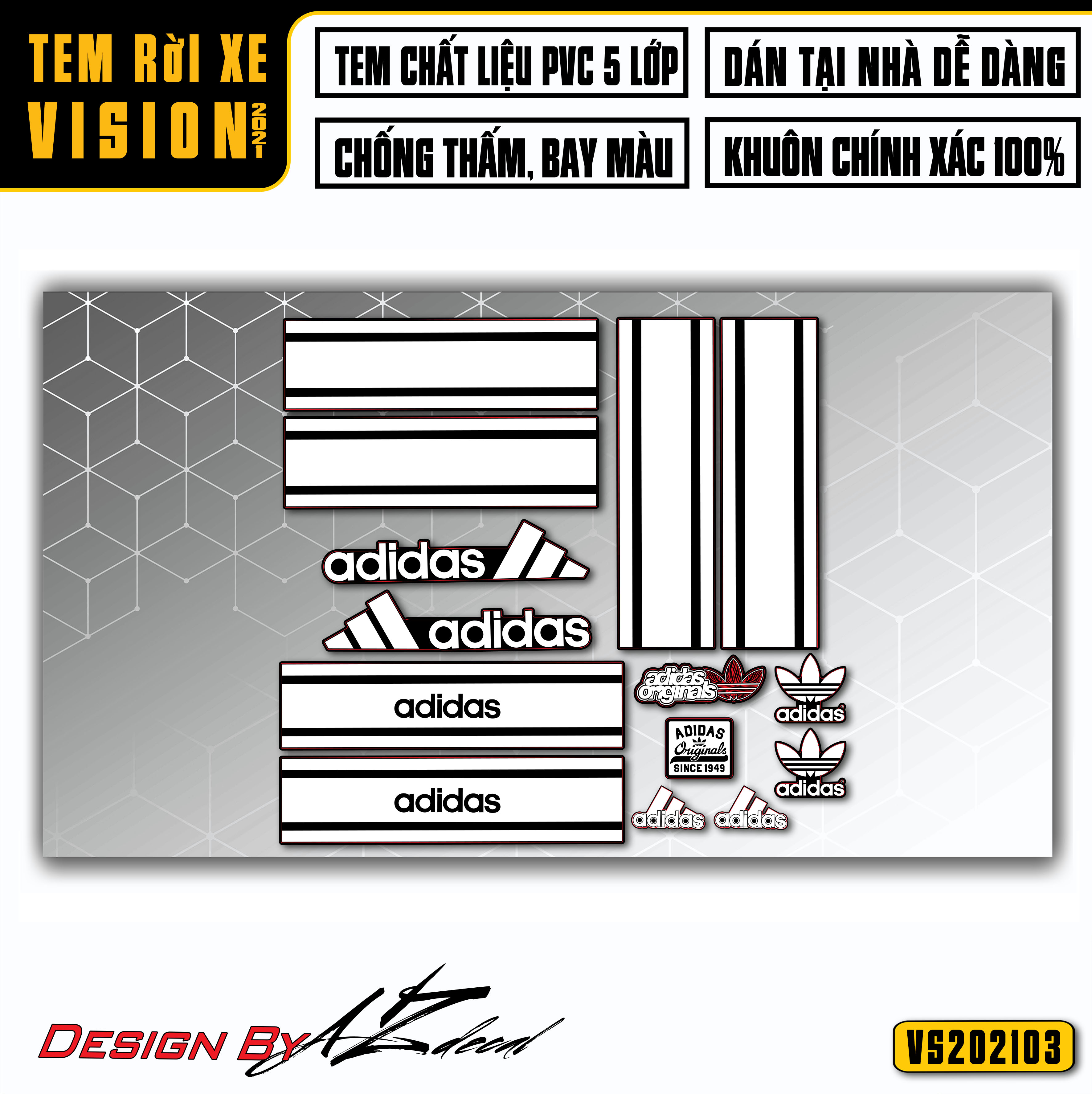 Tem Rời Dán Xe Vision Các Đời 2015 - 2020 Mẫu Addidas | VS03 | Decal Chế Xe Máy  Dễ Sử Dụng, Chống Nước, Chống Bong