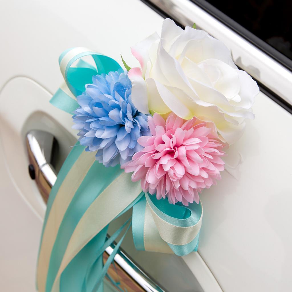 3X Wedding Car Artificial Silk Flower and Ribbon Party Decor Kit Blue and Pink