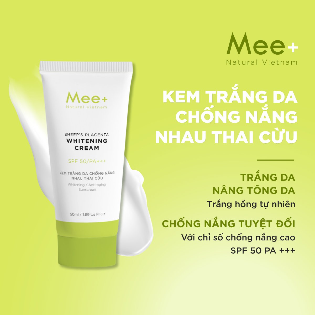 Kem trắng da chống nắng nhau thai cừu SPF 50 PA+++ chống UV dưỡng da trắng mịn, nâng tông MEE NATURAL 50ml