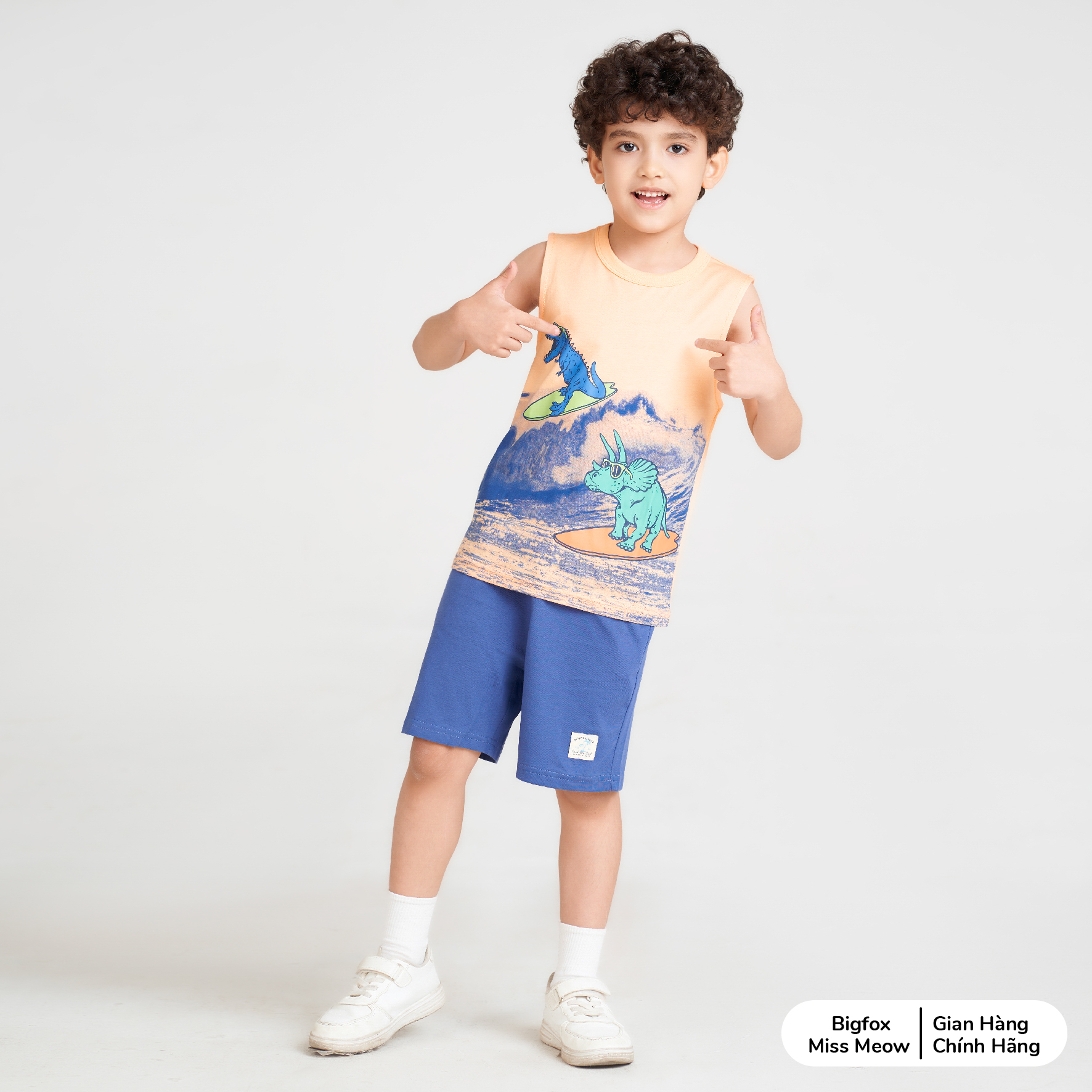 Bộ sát nách bé trai Bigfox Miss Meow mùa hè kiểu ba lỗ chất cotton in khủng long size đại 3,9,11 tuổi 25kg 40kg.1926