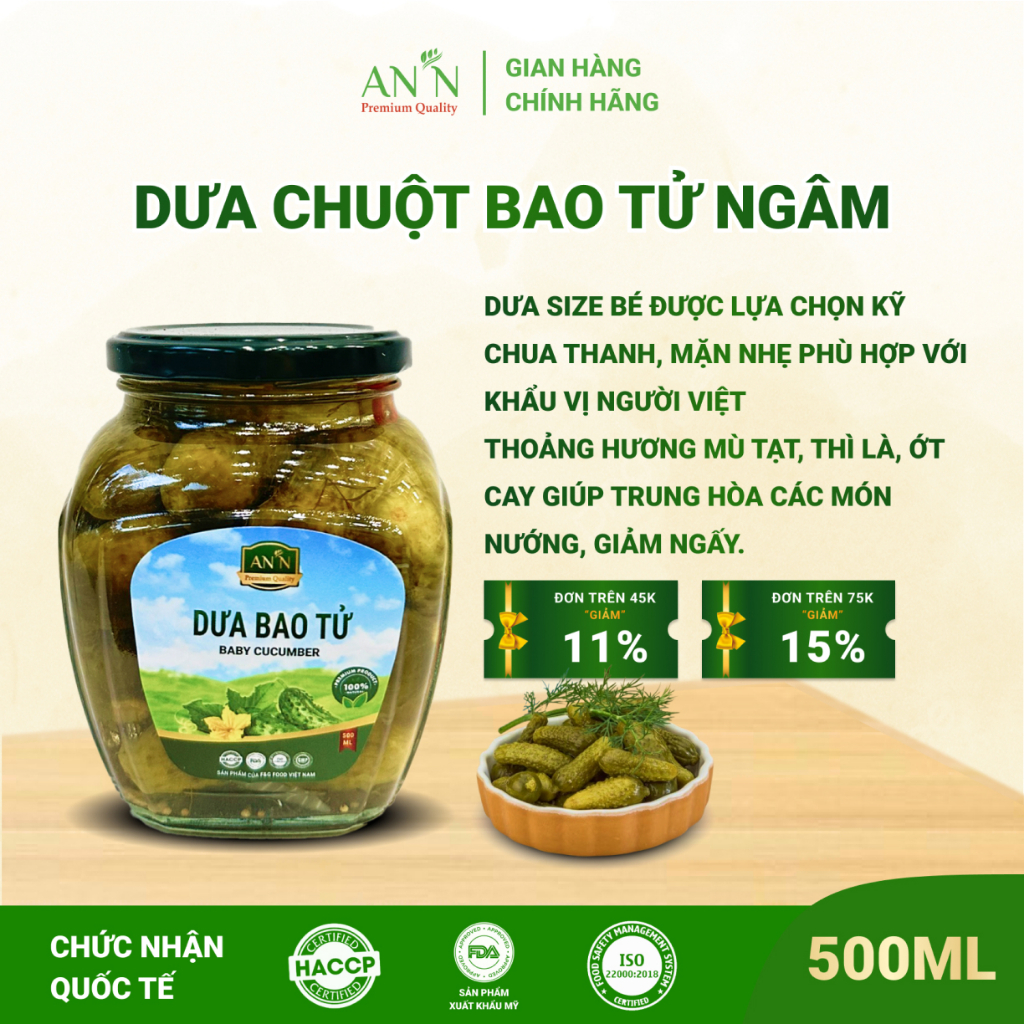 Dưa Chuột Bao Tử Ngâm F&amp;G Food Size Đặc Biệt 4-7, Hũ 500ml Ăn Kèm Thịt Nướng, Làm Gỏi Trộn