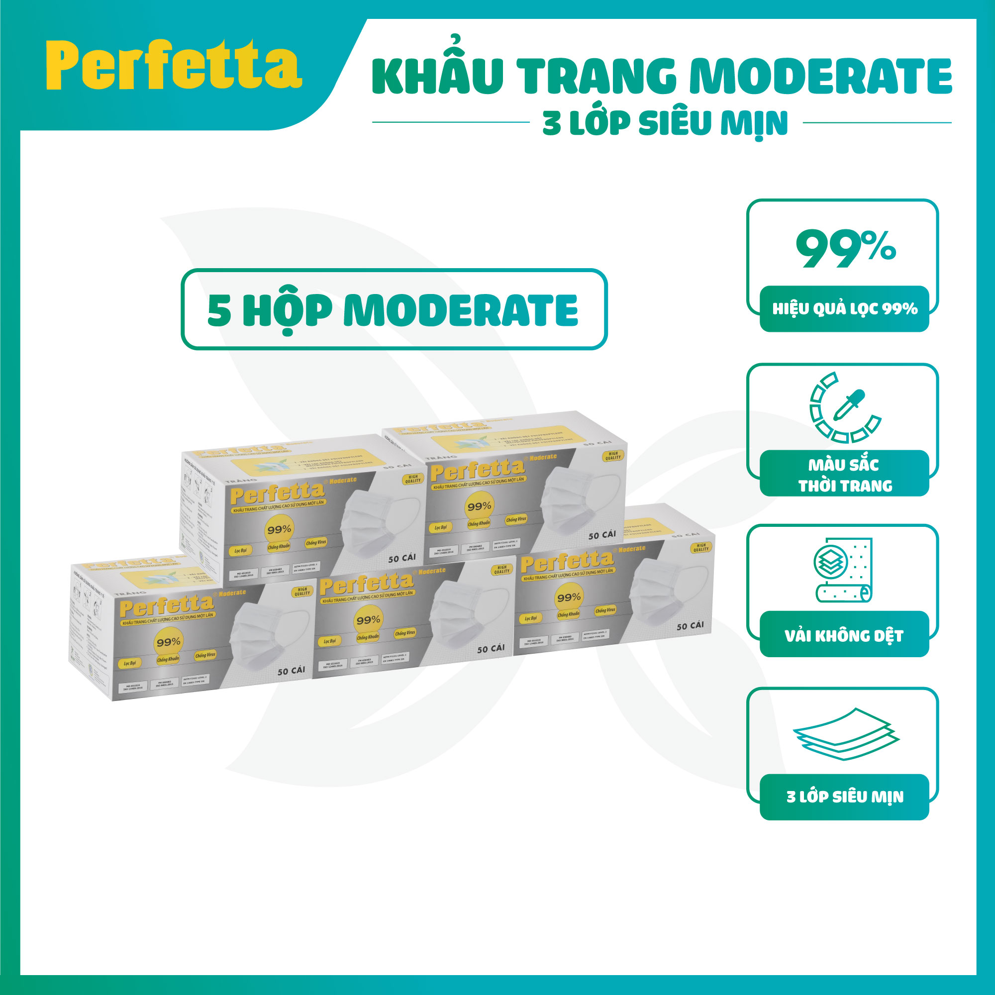 [Combo 5 HỘP - PERFETTA MODERATE] - Khẩu Trang Y Tế Chất Lượng Cao, Kháng Khuẩn, Chống Bụi Mịn, Màu Trắng, 3 Lớp, Bảo Vệ Tối Ưu - (50 cái/hộp)