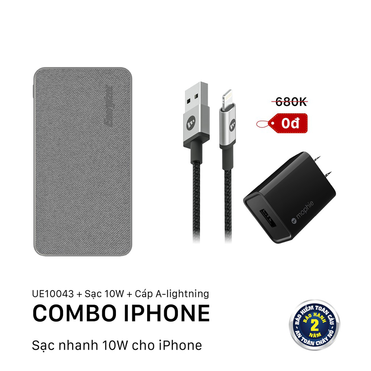 Combo Pin Energizer 10,000mAh UE10043 + Sạc nhanh Mophie 10W kèm Cáp A to Lightning 1M - HÀNG CHÍNH HÃNG