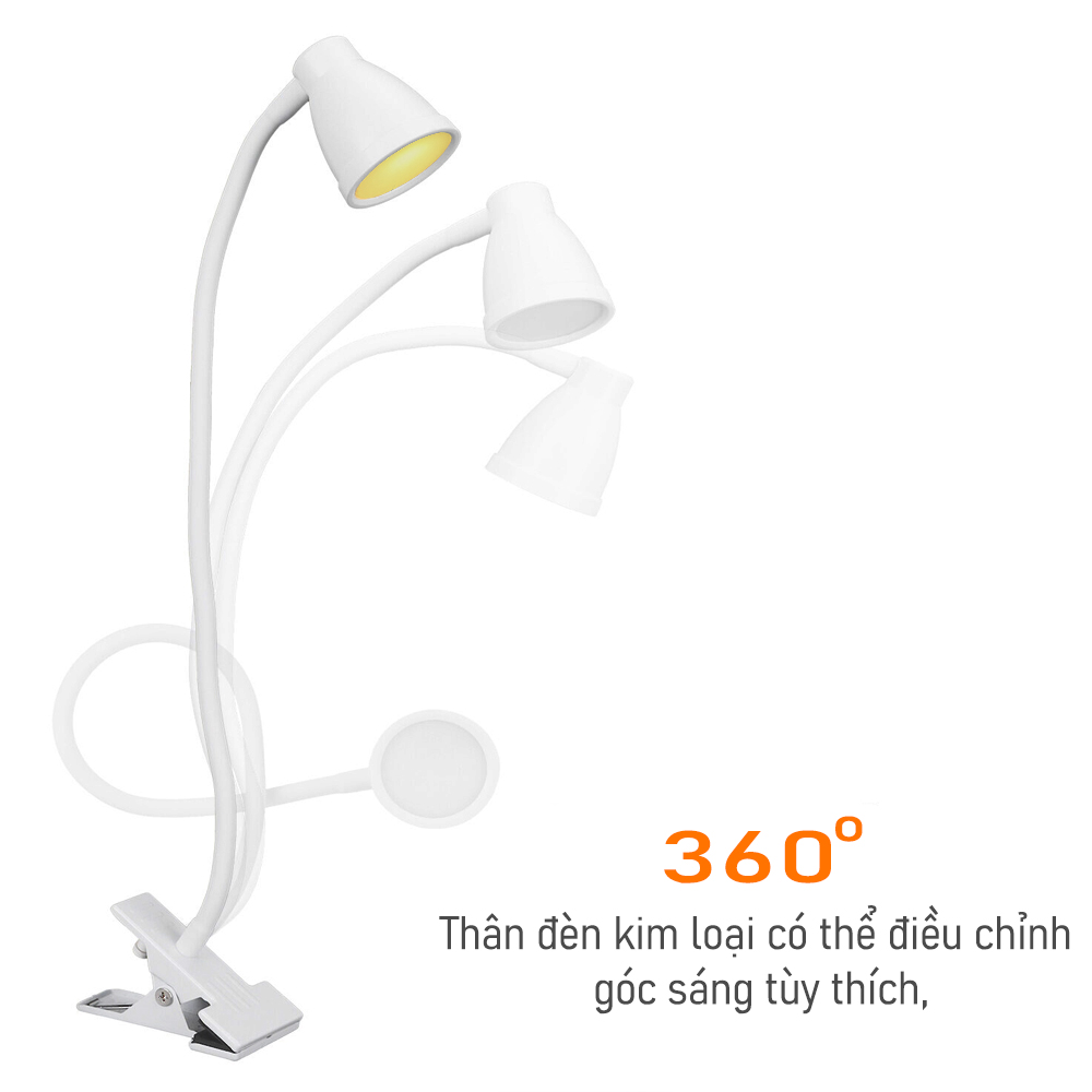 Đèn học, Đèn đọc sách kẹp đầu giường đa năng bóng LED 3 chế độ ánh sáng 3W, Nguồn USB 5V