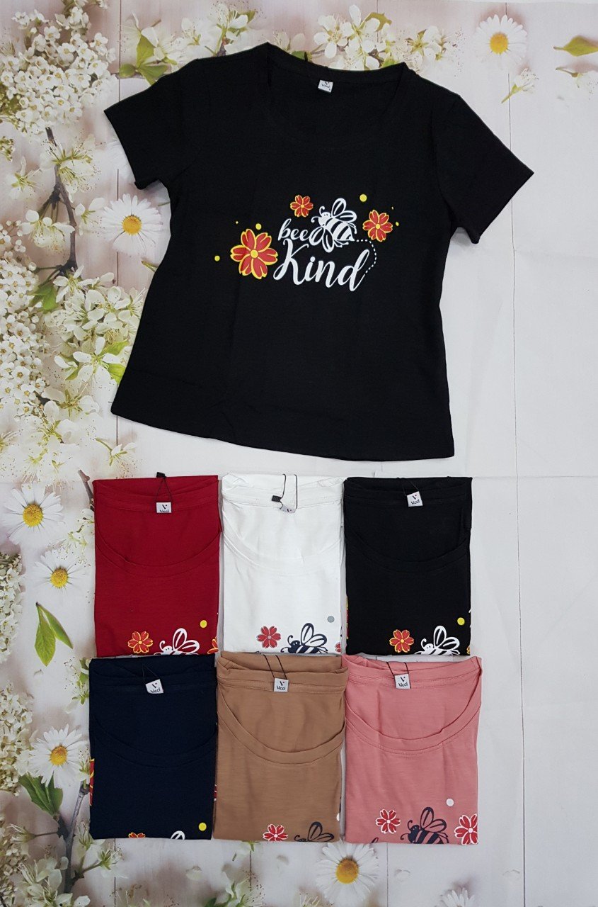 Áo phông ngắn tay, áo thun nữ cộc tay Vicci AP.01.4 chất liệu cotton vân gỗ in chữ Bee Kind