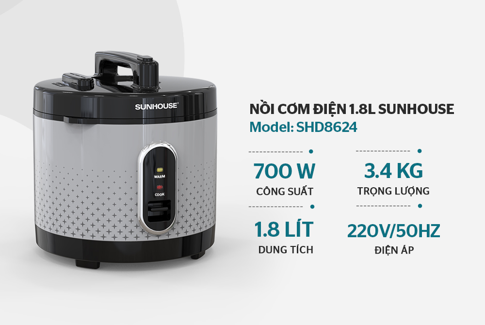 Nồi Cơm Điện 1.8L Sunhouse SHD8624 - Hàng Chính Hãng