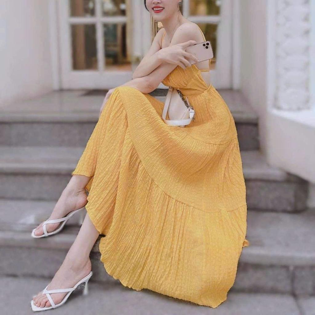 Váy đầm nữ maxi hai dây nhún tầng hở lưng cột dây quyến rũ