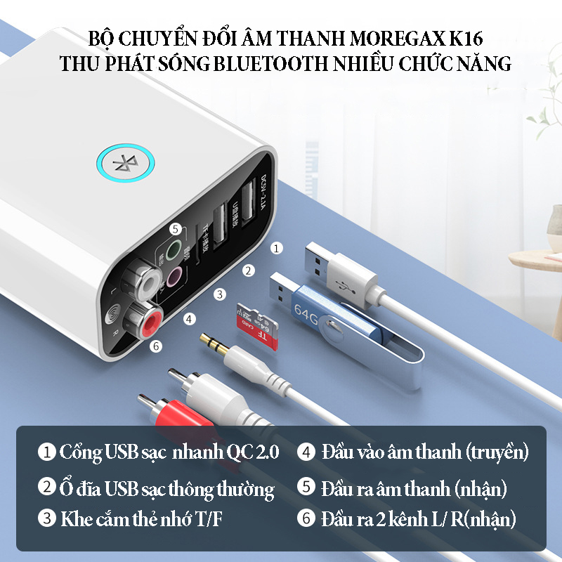 Bộ chuyển đổi âm thanh Moregax K16 thu phát sóng bluetooth với 6 chức năng 3 ngõ vào hỗ trợ cổng USB sạc nhanh QC2.0