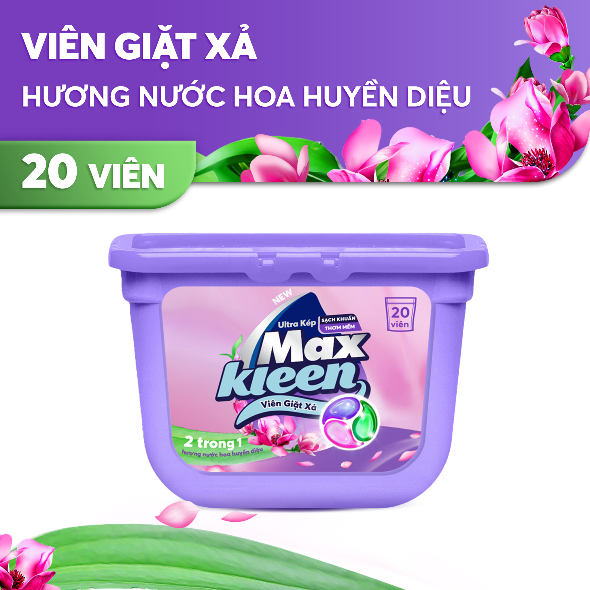 Hộp viên giặt xả MaxKleen 2 trong 1 hương Huyền diệu (20 viên/ hộp)