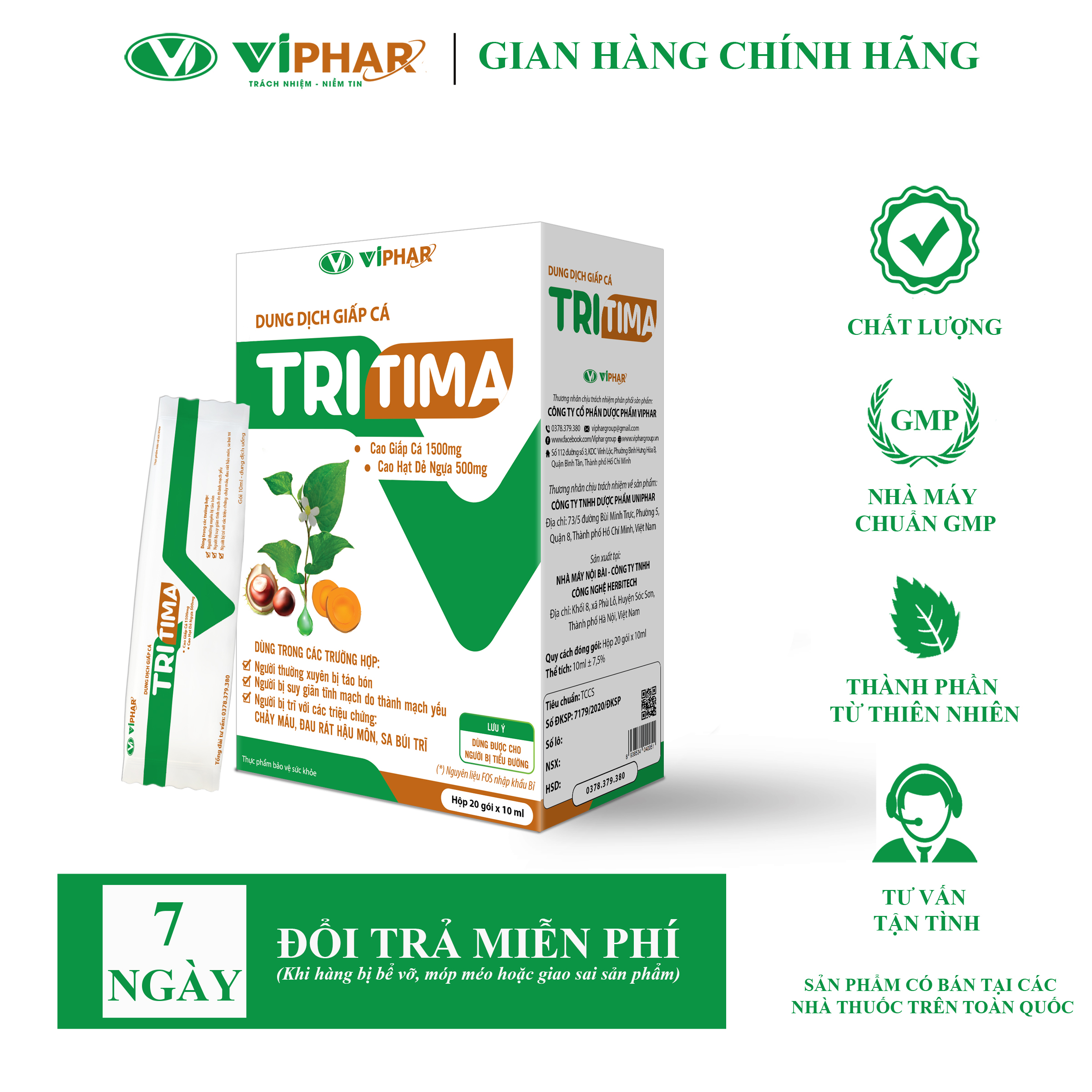 Gói Uống Trĩ Nội, Trĩ Ngoại Giảm Nhanh Tình Trạng Chảy Máu, Sa Búi Trĩ, Ngứa, Rát, Chảy Máu Hậu Môn TRITIMA VIPHAR Hộp 20 Gói 10ml