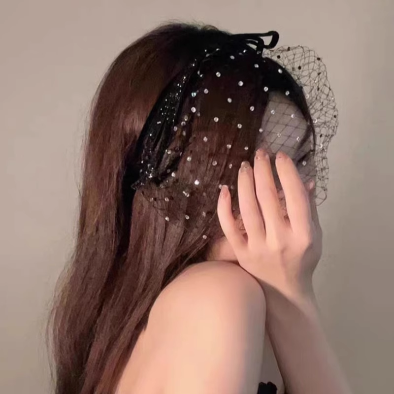 Băng đô tóc lưới đen kết hợp nơ, cài tóc đính đá, phụ kiện đi tiệc sang chảnh, cài tóc nữ phụ kiện chụp ảnh