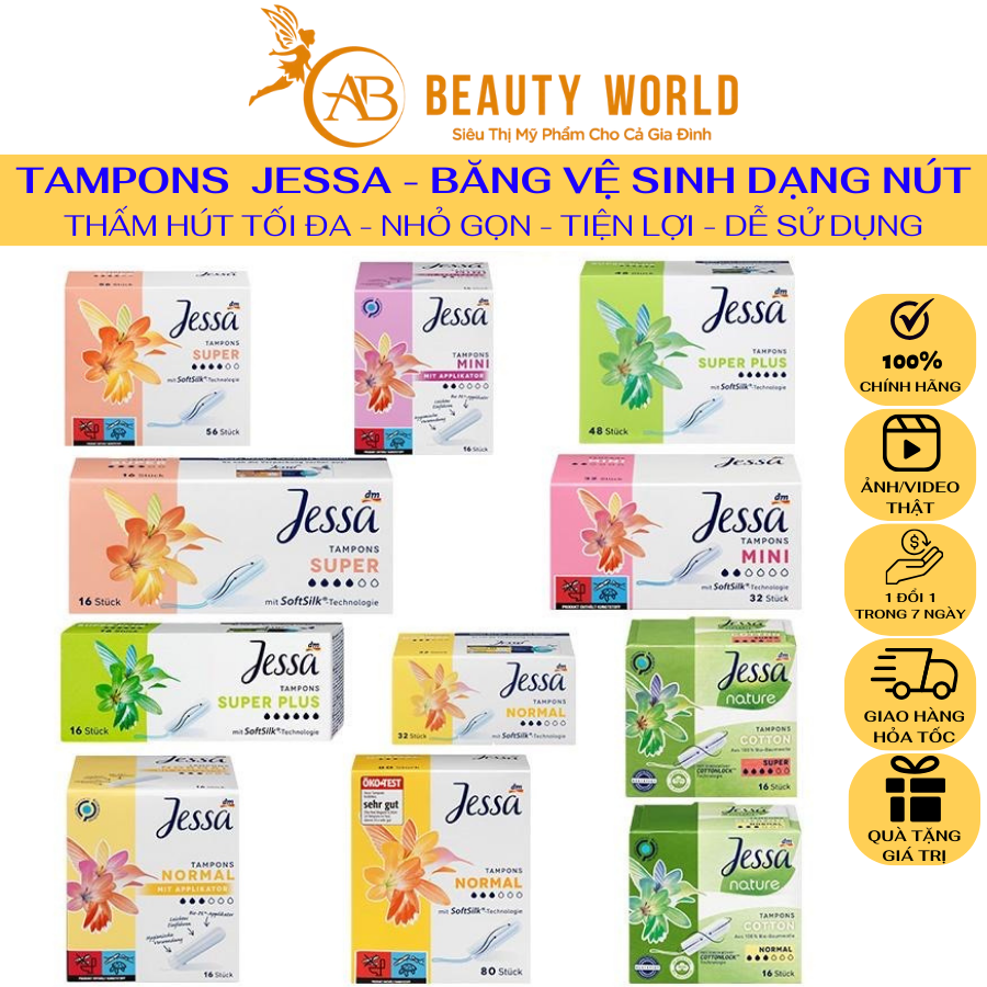 TAMPONS JESSA Đức Dạng Nút - Siêu Thấm Hút - Tiện Lợi - Nhỏ Gọn Dễ Dùng - Hàng Nhập Khẩu - Đủ Các Giọt - Tampon Jessa