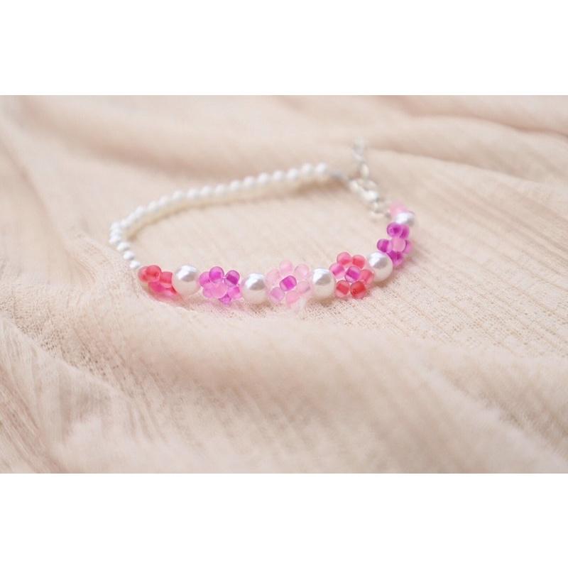 N29 vòng tay handmade hoa anh đào phong cách Hàn Quốc kết hợp Ngọc trắng xinh xắn