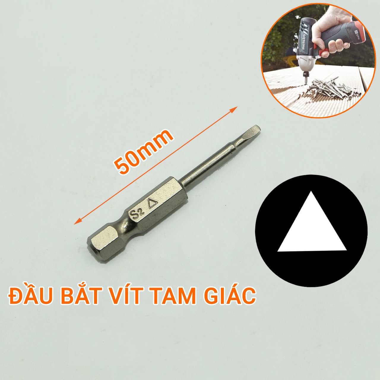 Đầu bắt vít tam giác dài 50mm chuôi lục thép S2