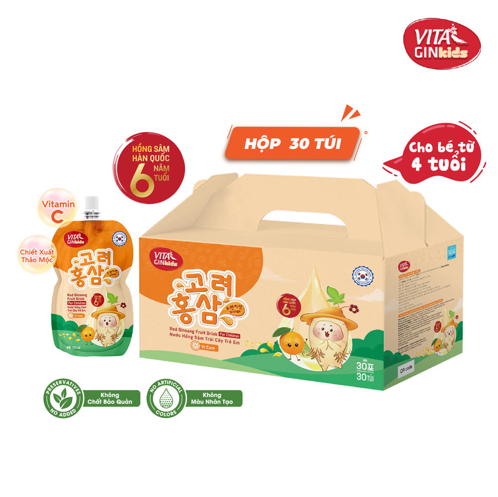 Thùng 30 túi Nước Hồng Sâm Trái Cây Trẻ Em Vital Gin Kids