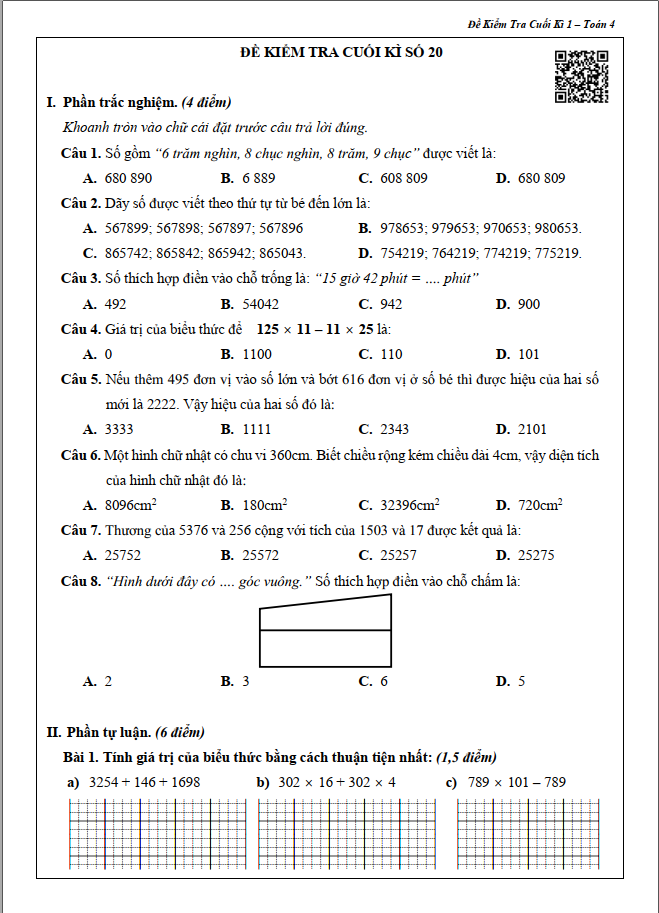 Trọn Bộ Bài Tập Tuần, Đề Kiểm Tra Toán và Tiếng Việt Lớp 4 - Cả năm học